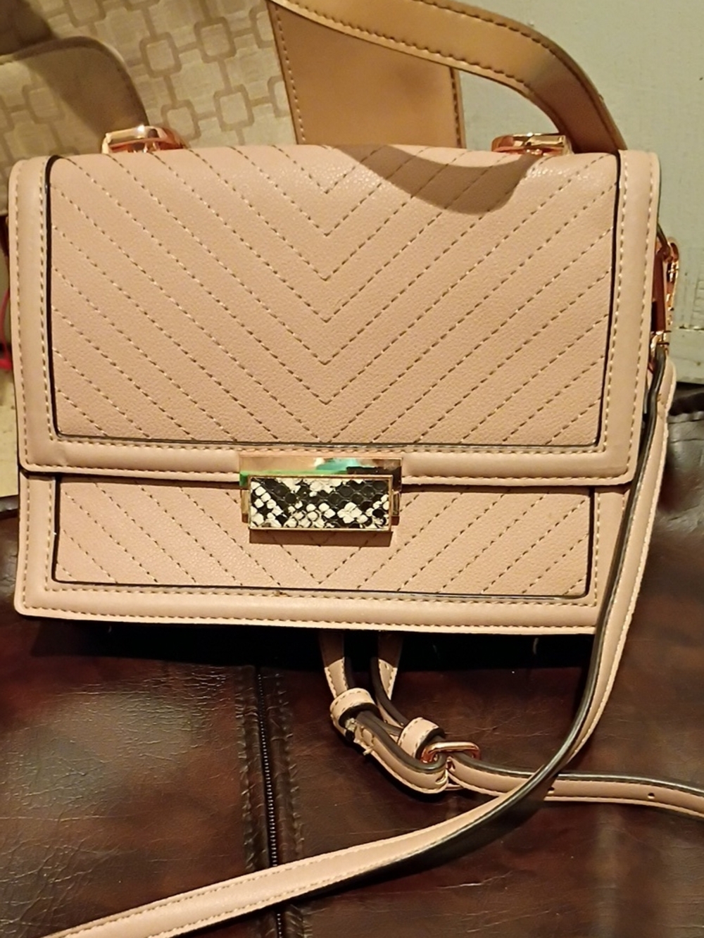 Women's Quilted Pale Pink Crossbody Bag with Gold Hardware